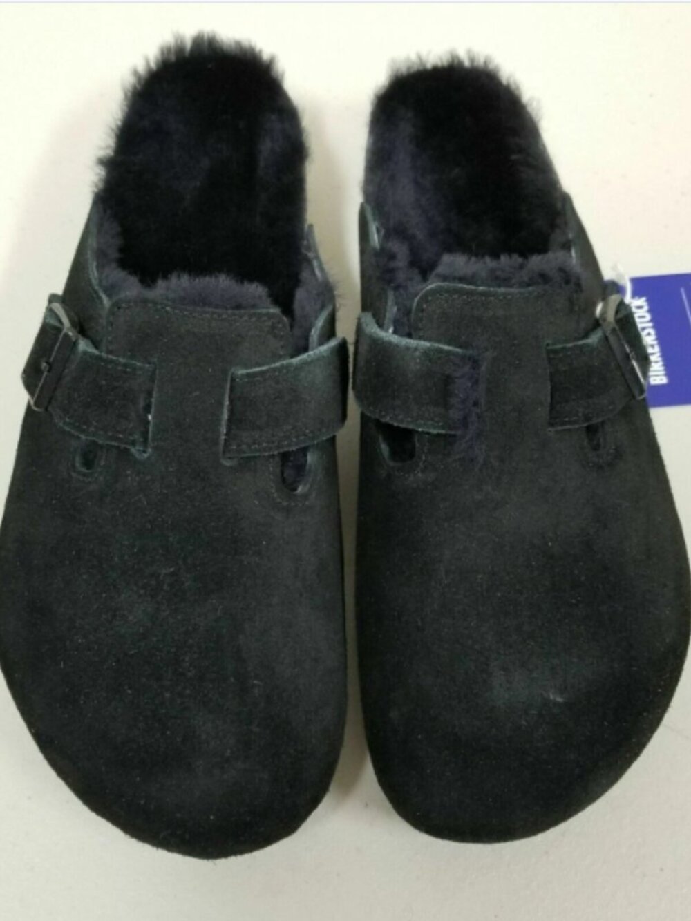 Birkenstock Boston Black Shearling Suede Leather Narrow Width Sandals